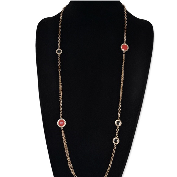 J Crew Gold Station Necklace Red and Black Crystal NWT - Picture 3 of 8